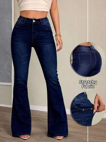 Medium Blue Elastic Bell Bottom Jeans, Butt Lifting And Tummy Control - Deep Blue - View 1