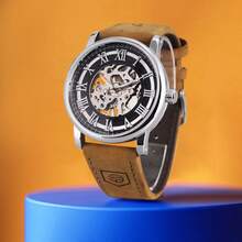 FORSINING 获奖复古手动机械镂空腕表，雕花工艺，男士镂空腕表，机械经典罗马数字时标 - 黑色 - 查看 5