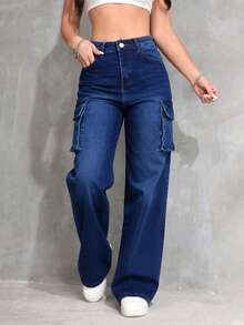 Medium Blue Straight Leg Cargo Jeans, Butt Lifting And Tummy Control - Deep Blue - View 3