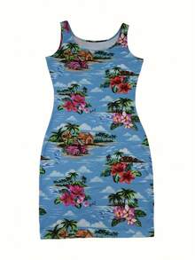 Random Print Sleeveless Round Neck Bodycon Dress - Nhiều màu - Xem 5