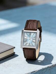 Fossil FS6110 Men's Rectangular Light Blue Dial Quartz Watch - Stainless Steel Case, Brown Leather Strap - Brown - View 2