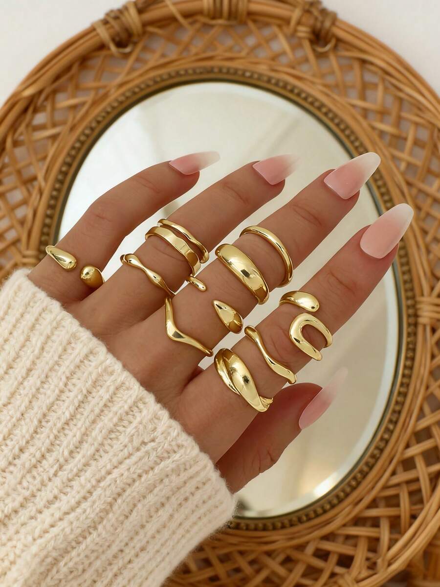 10pcs Smooth Geometric Oversized Fashion Rings, Vintage Coin Style Classic Gold Color Rings For Women - Gold - View 1