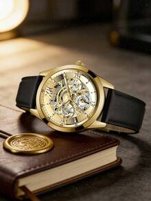 Guess 1 Đồng hồ thạch anh dành cho nam, GW0389G2, Dây da, Hiển thị ngày, Kiểu dáng nam tính, Phong cách sang trọng nhẹ nhàng, Đồng hồ cơ, Phụ kiện thời trang dành cho nam, Thích hợp để đeo hàng ngày, Làm quà tặng cho anh ấy/cô ấy, Ngày của cha, Ngày kỷ niệm, Quà sinh nhật, Quà tặng bạn trai. - Vàng - Xem 2