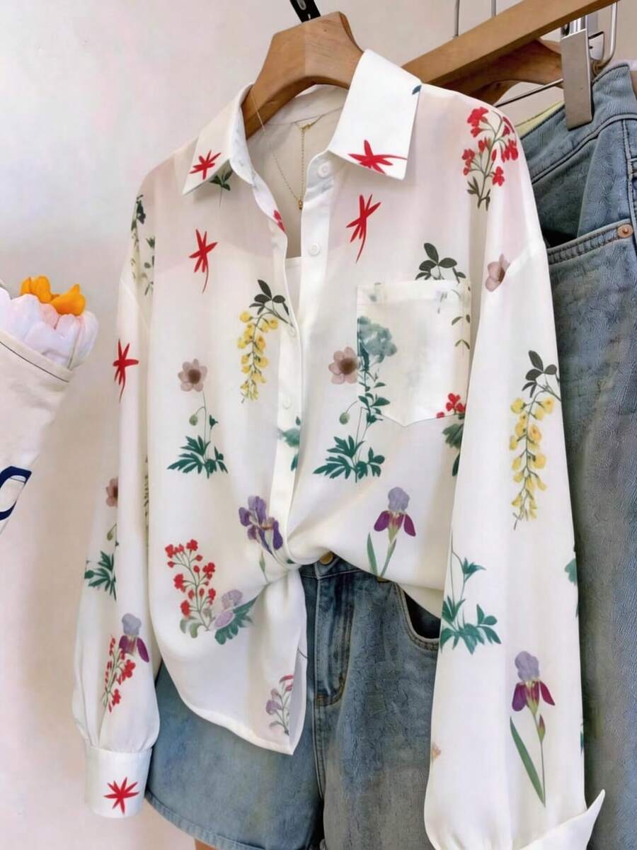 Camisa de mujer con bolsillo y estampado floral - Blanco-verde - Ver 1