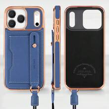 VIETAO Crossbody Lanyard Strap Wrist Band Golden Electroplated Girls Faux Leather Phone Case Compatible With Iphone 17 16 15 14 13 12 Pro Max Card Slot Mobile Cover - Blue - View 7