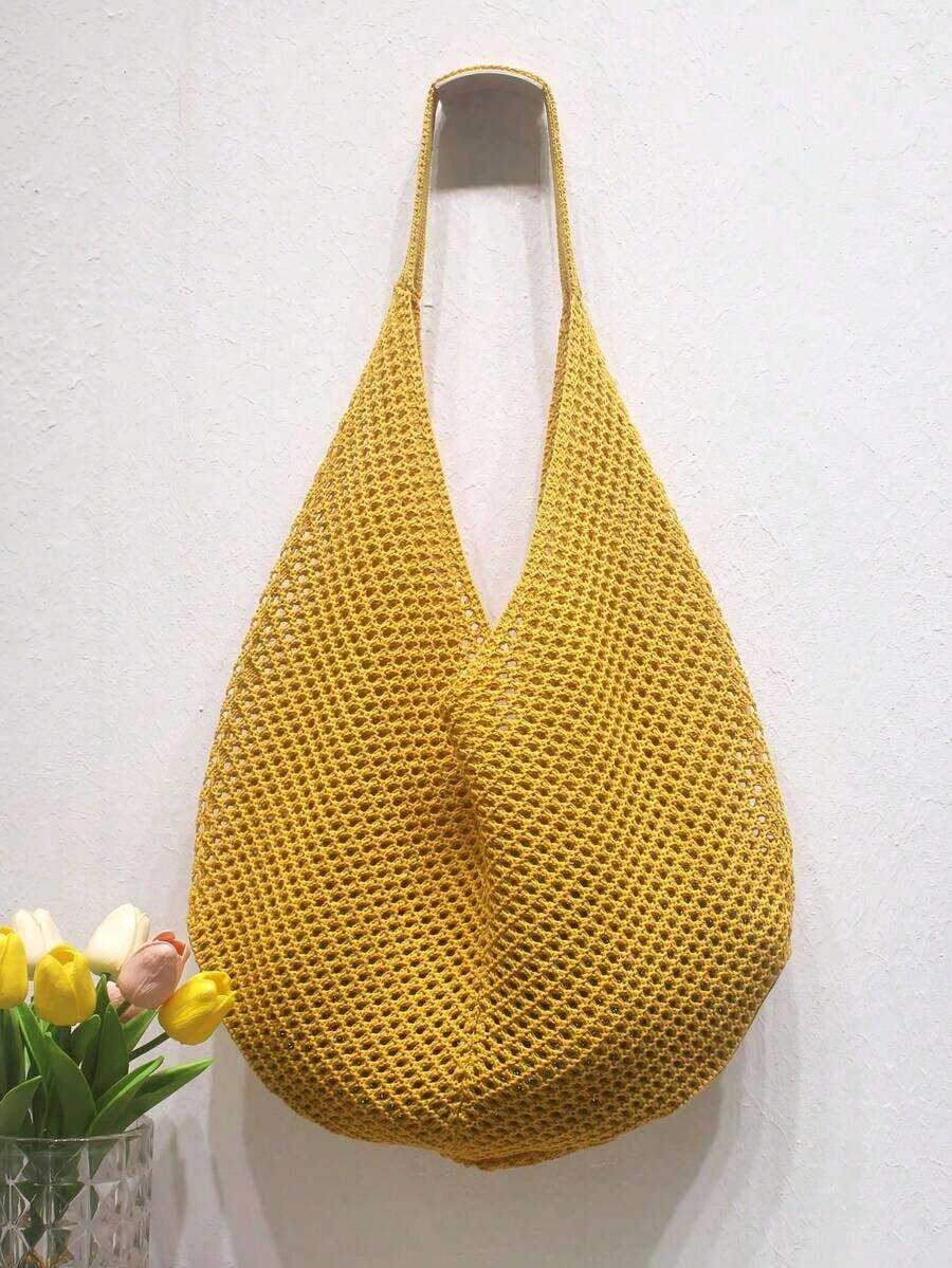 Large Capacity Crochet Shoulder Tote Bag - Lightweight, Multifunctional Knitted Handbag, Beige, Pink, Brown, Black, Suitable For Travel, Beach, Vacation And Daily Use, Large Tote Bag , Beach Bag , Crochet, Holiday, Yellow - 黃色 - 查看 1