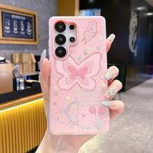 1pc Fashion TPU+PC Dual-Layer Butterfly & Flower Pattern Jelly Phone Case, 2.5mm Thick, Macaroon Color, Compatible With Samsung, Strong Protection, High Fashion, Ideal Choice For Fashionistas In Summer - Baby Pink - View 5