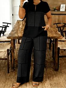 Plus Size Women's Two Piece Set, Notch Neck Top + Wide Leg Pants, Black Concentric Square Geometric Print, Side Pockets, Casual Loungewear For Home Commute Vacation, Daily Wear Casual Outfit, Loose Flattering Plus Size Suit - 彩色 - 查看 1