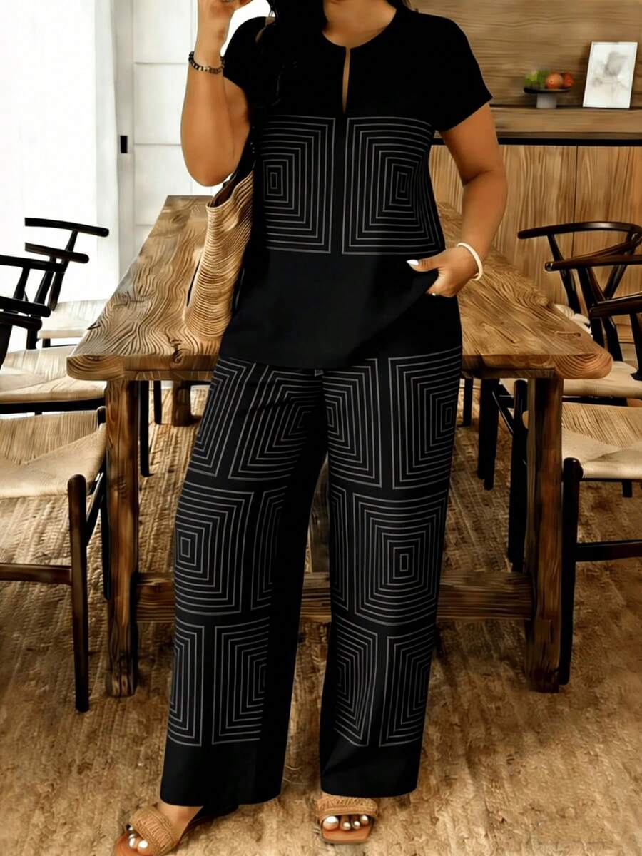 Plus Size Women's Two Piece Set, Notch Neck Top + Wide Leg Pants, Black Concentric Square Geometric Print, Side Pockets, Casual Loungewear For Home Commute Vacation, Daily Wear Casual Outfit, Loose Flattering Plus Size Suit - 彩色 - 查看 1