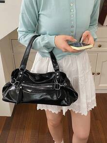 1 件装女士纯色刺绣柔软褶皱拉链装饰大容量单肩手提包,购物旅行必备 - 彩色 - 查看 6