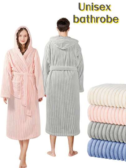 1 Áo choàng tắm có mũ trùm đầu bằng vải lông cừu san hô kẻ sọc, áo choàng dài unisex cho mùa xuân, thu và đông, mềm mại, ấm áp, thoải mái, thấm hút tốt và nhanh khô, thích hợp cho phòng tắm, phòng ngủ, hồ bơi, nhà, khách sạn và du lịch