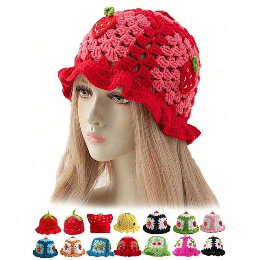 1pc Women's Handmade Crochet Strawberry Pattern Bucket Hat, Bohemian Style Hollow Out Ruffled Cute Knitted Cap, Breathable Foldable Casual Hip Hop Hat - 紅色 - 查看 1