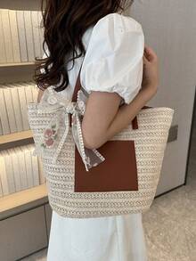 Túi tote lớn đan bằng rơm dành cho nữ, túi du lịch biển thời trang, túi đeo vai rộng rãi đa năng kèm khăn quàng cổ. - Màu be - Xem 6