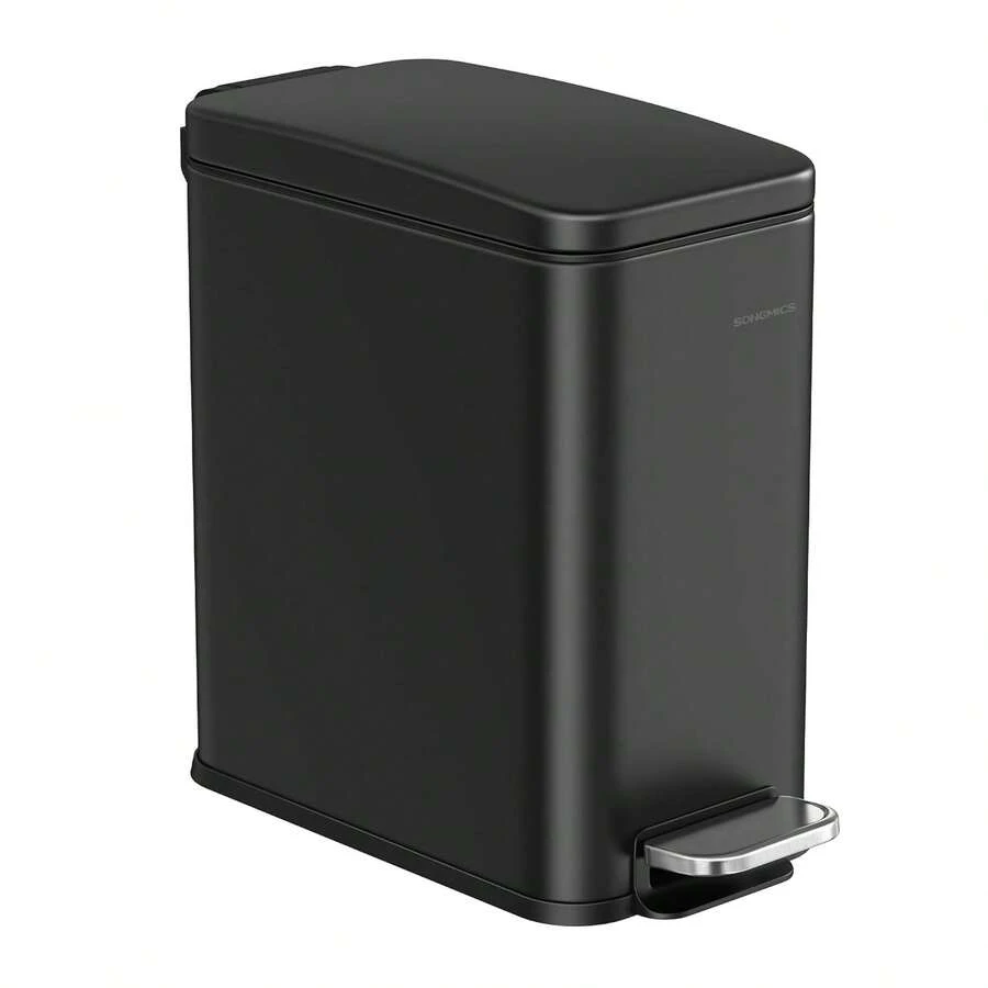 SONGMICS - Papelera de baño, 1.3 galones (5 l), pequeña papelera con tapa, delgada para espacios pequeños, cubeta de basura de acero inoxidable, cierre suave, negro ULTB560B05 - Blanco - Ver 1