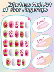 NAIO 24pcs Kids Press On Nails, Cute Flower Butterfly Plaid Pink Green Full Cover False Nails Colorful Full Cover Short False Nails For Girls, Cute Mixed Pattern Wearable Nail Kit With Storage Box & Nail File - Multicolor - View 2