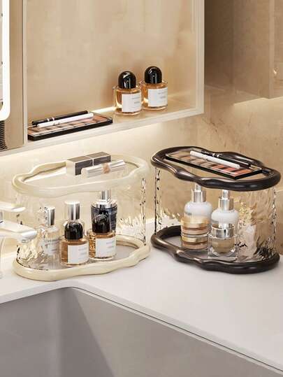 Dual-Layer Wavy Cosmetic Storage Box, Transparent Water Wave Organizer Rack, Bathroom Vanity Tray For Skincare, Perfume, Makeup, Cups, Luxurious Modern Style, Large Capacity Stackable, Space-Saving Storage, Multi-Purpose For Bedroom, Bathroom, Kitchen, Entryway, Elevates Home Decor