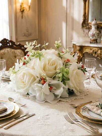 2个仿真玫瑰花球，婚礼假花中心装饰品，餐桌中心装饰、走道装饰、家庭派对DIY装饰、仿真花束