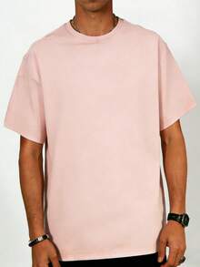 New Men's Letter & Palm Tree Print Short Sleeve T-Shirt, Beach Vacation Style - Pink - View 3