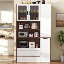 Tall Sideboard With Adjustable Shelves And Drawers, Sideboard With Removable Shelves And Fluted Glass, Ideal For Dining Room, Living Room And Kitchen (White+Natural) - Natural Color - View 2