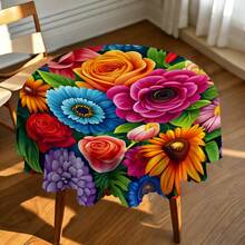 1pc 2D Floral Print Round Tablecloth, Colorful Blooming Wavy Edge, Polyester Dining Table Cover For Family Gathering, Party, Picnic, Outdoor Wedding, Indoor & Outdoor Use, Gift For Loved Ones - Multicolor - View 5