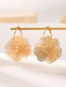 2件套精美镀金镂空花环耳环，多层花瓣和心形花瓣耳环，优雅金色花蕊耳环，适合伴娘和日常佩戴 - 金黃色 - 查看 3