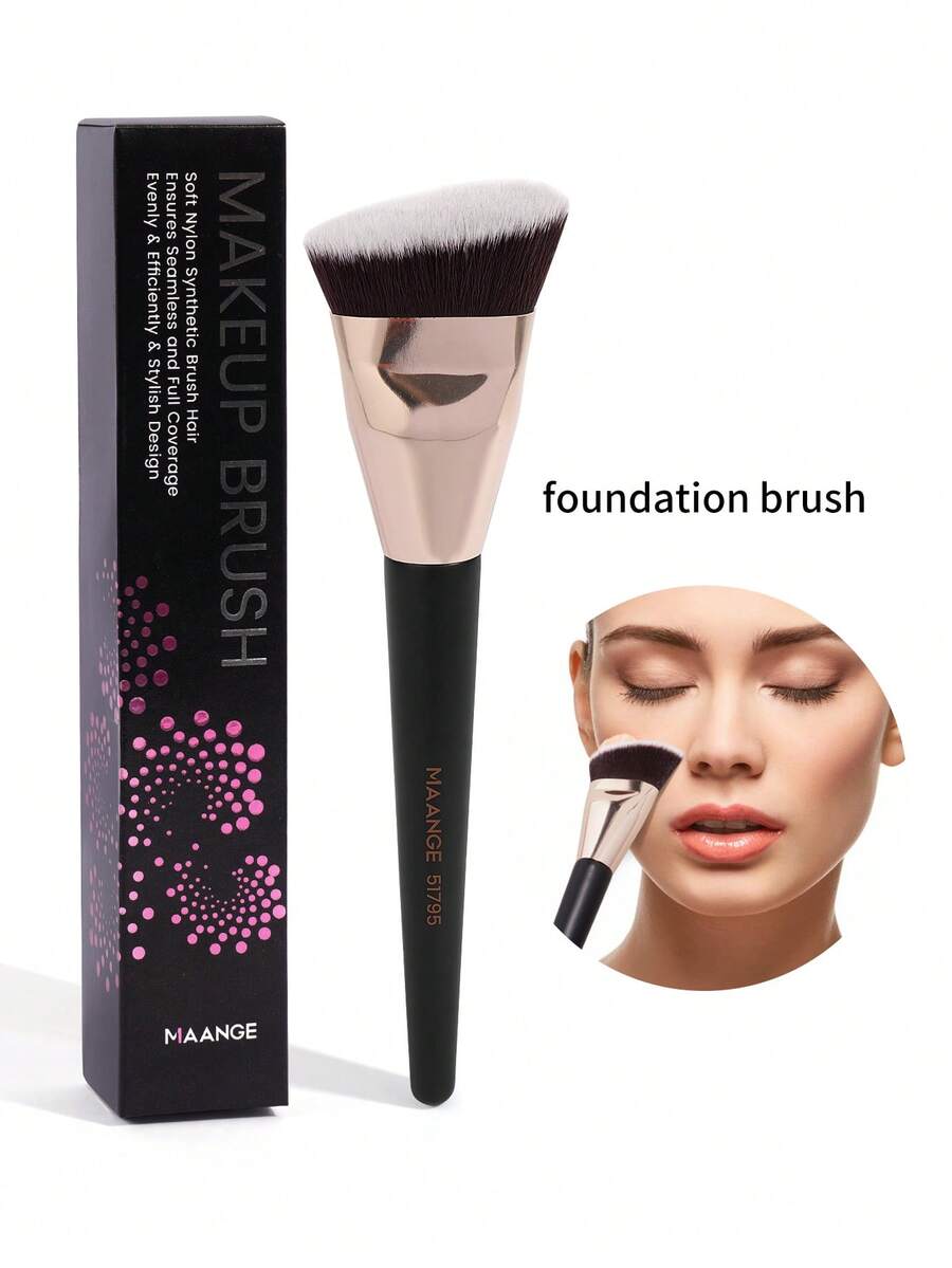 MAANGE 1pc Round Flat Foundation Brush With Case, Skin-Friendly Makeup Tool