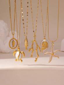 1 chiếc dây chuyền mặt dây điều chỉnh được bằng thép không gỉ mạ vàng 18K với họa tiết sinh vật biển như rùa, cá, vỏ sò và sao biển, thích hợp cho phụ nữ đeo hàng ngày và đi nghỉ mát. - Vàng - Xem 1