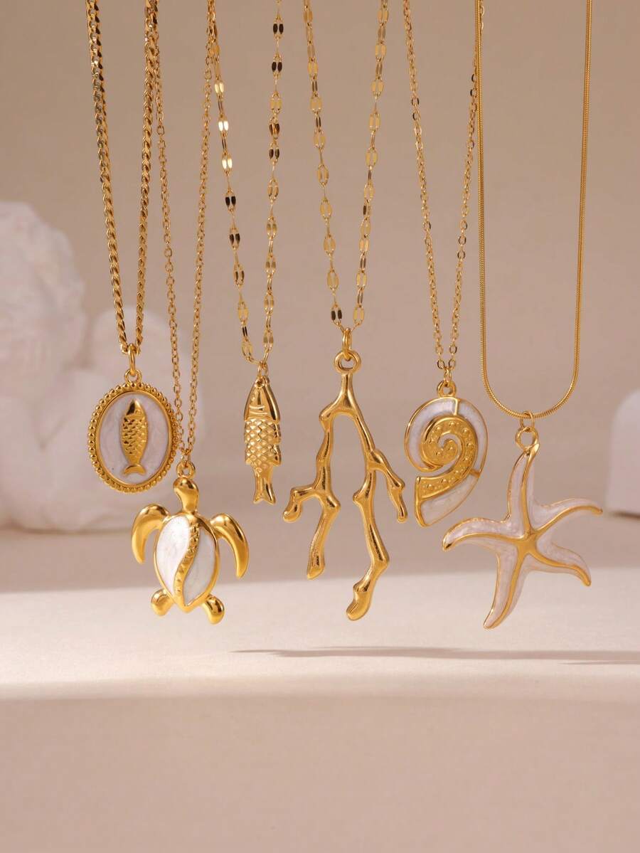1 chiếc dây chuyền mặt dây điều chỉnh được bằng thép không gỉ mạ vàng 18K với họa tiết sinh vật biển như rùa, cá, vỏ sò và sao biển, thích hợp cho phụ nữ đeo hàng ngày và đi nghỉ mát. - Vàng - Xem 1