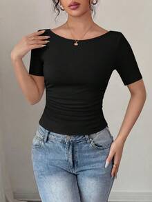 PRETTYGARDEN Womens Summer Short Sleeve Tops Boat Neck Ribbed Knit Slim Fit T Shirt Casual Basic Top Y2K Clothes - 深黑 - 查看 3