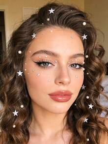 STARTTOOS 2pcs Multi-Bead 3D Shiny Pentagram Rhinestone Pearl Face Gems, DIY For Music Festival, Carnival, Valentine's Day, Y2K Party, Masquerade Ball, Face/Nail Glitter Jewels - White - View 2