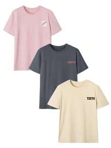 3pcs/Set Summer New Casual Funny Car Racing & Japanese Sakura Floral Print Round Neck Short Sleeve T-Shirts, Fashionable & Versatile Women Tops - Màu mơ, hồng và xám đậm - Xem 4