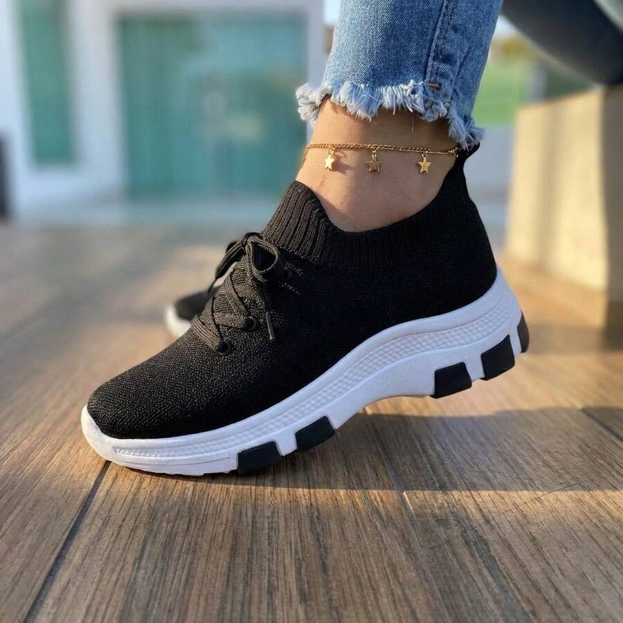 Women's Chunky Sneakers, Fashionable, Blogger-Style, Platform, Lightweight, Comfortable, , New Release, Sporty, Lace-Up, Woven, Flying, Black - màu đen - Xem 1