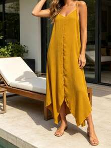 New Summer Style 2026 Sleeveless V Neck Irregular Cami Maxi Dress, Loose Loungewear Vacation Dress - 黃色 - 查看 2