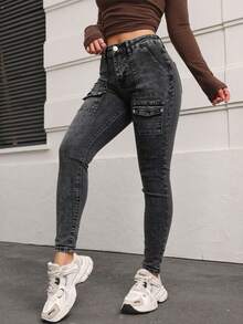 Skinny Cargo Jeans, Washed, Stretchy, With Multiple Buttoned Pockets, Butt-Lifting Effect, Tummy Control And Fitted Cuffs - Black Ash Water Wash - View 4