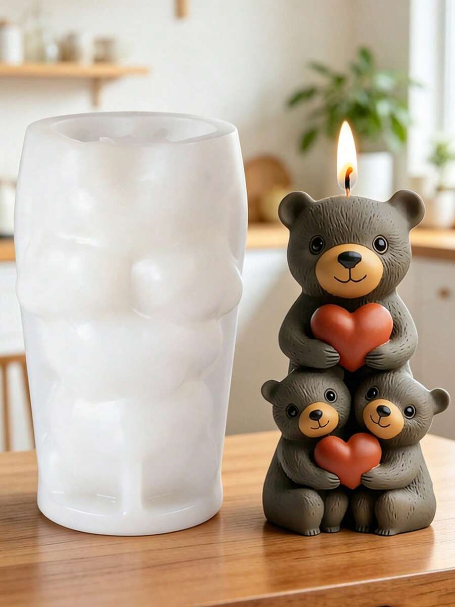 1pc Stacked Bear Shaped Candle Silicone Mold - White - View 1