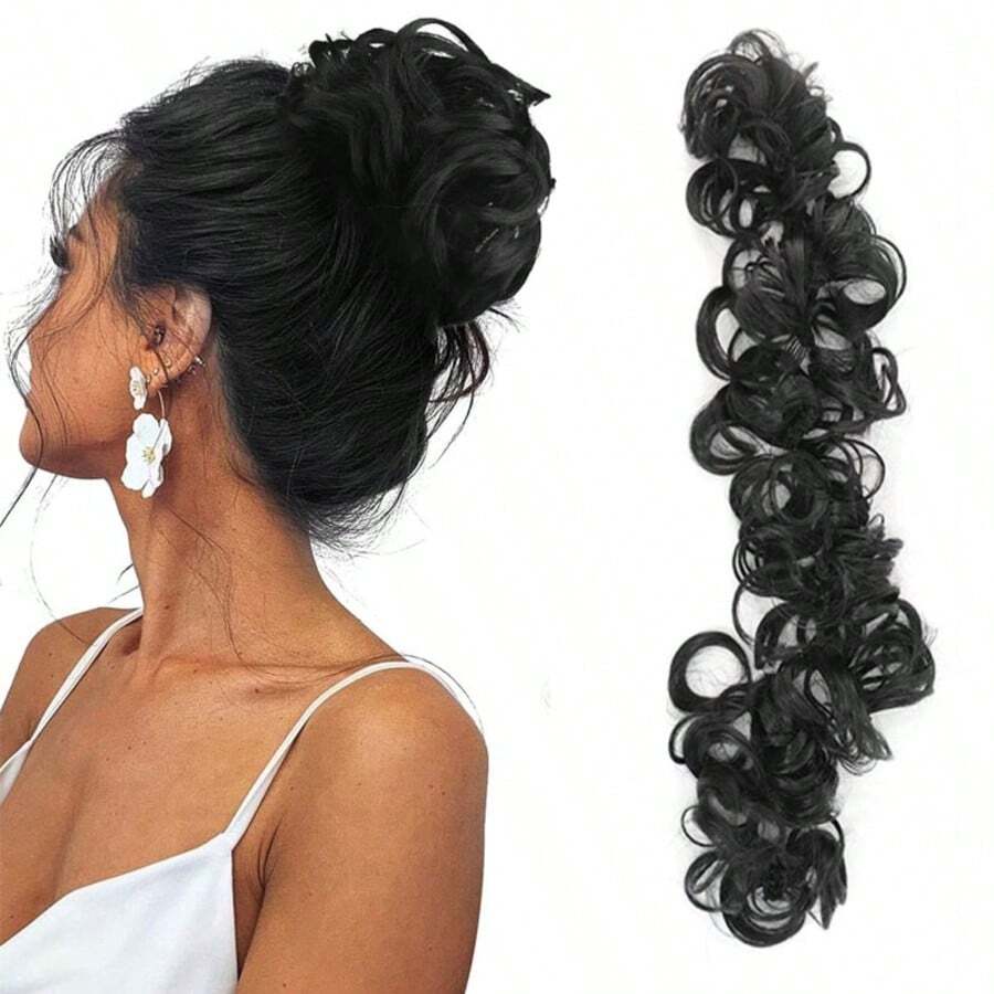 Tóc giả búi rối, dây chun co giãn, kiểu sóng nhẹ, chất liệu tổng hợp, dành cho nữ, chịu nhiệt.