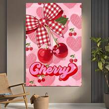 Póster plano 2D, sin marco, con diseño de lazo de cereza, patrones de corazón, impresión en lienzo, perfecto para regalos de San Valentín, arte de pared decorativo para ambientes románticos, obra de arte moderna, un regalo para ella, decoración para el hogar y el dormitorio - Enmarcado - Ver 5