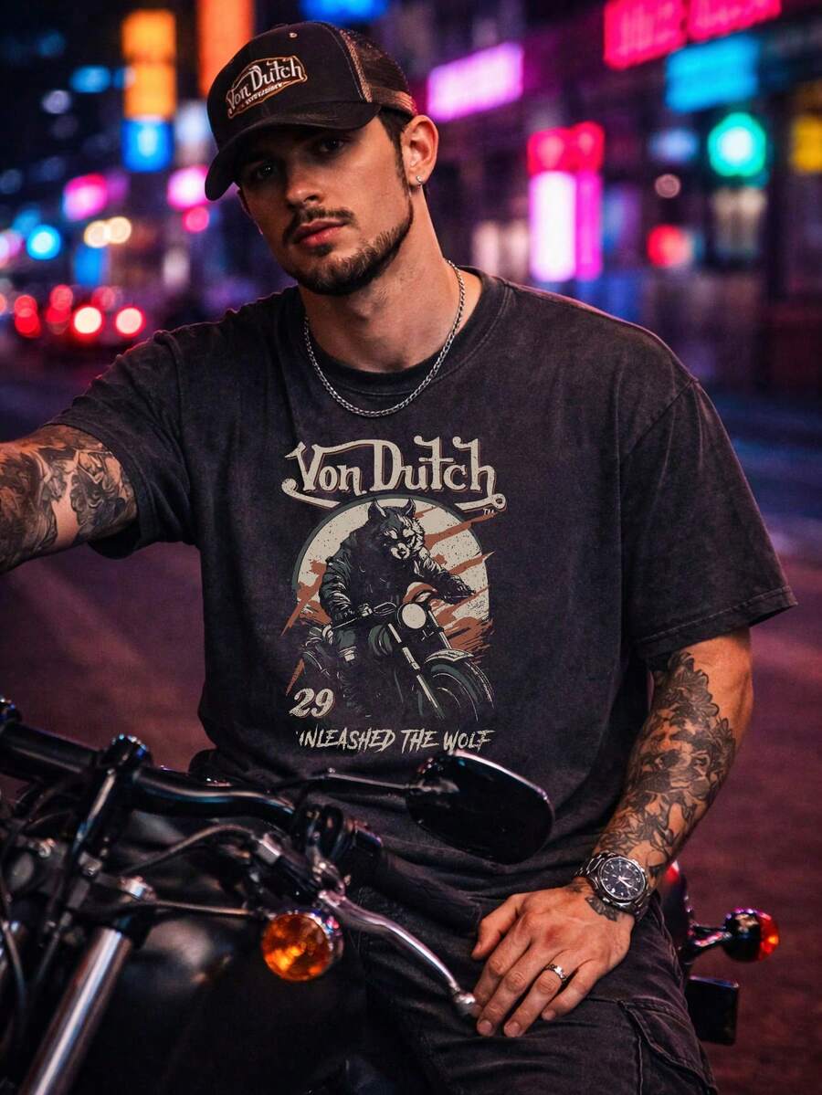 Camiseta de algodón 100% negra lavada con estampado gráfico de lobo en motocicleta y texto de estilo callejero para uso diario o eventos. Camiseta retro de peso pesado, perfecta como regalo, suelta, cómoda y transpirable, de lavado a máquina, con estilo hip hop y cool, ropa con estilo Y2K - Negro - Ver 1