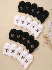 10 Pairs Kids Black & White Bow Print Mid-Calf Socks, Suitable For Daily Wear And Sports, Comfortable Soft Breathable, Suitable For All Seasons, Fashionable And Versatile Children Socks - Multicolor - View 5