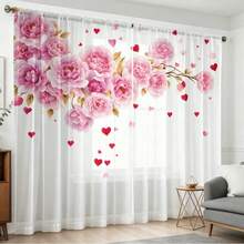 2pcs Romantic Pink Peony & Heart Pattern Sheer Curtains - Soft Polyester Material, Rod Pocket Design, UV Protection, Suitable For Living Room, Bedroom, Kitchen - Easy Care, Machine Washable, Bohemian Style Window Curtains - Multicolor - View 7