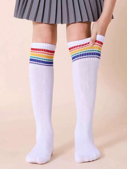 1/3 Pairs Kids Knee-High Rainbow Striped Socks, Color Block Calf Socks For Girls Aged 3-8, Versatile For Dance Performance