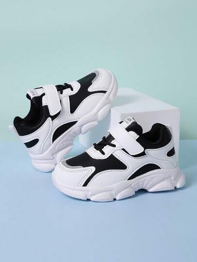 1 par de zapatillas gruesas de suela gruesa en blanco y negro para niños pequeños, con diseño de contraste a la moda, antideslizantes, adecuadas para verano/otoño, campus, exteriores, uso diario