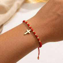 时尚简约十字架吊坠手链，可调节红色编织手链，幸运手链，情侣手链，朋友礼物，生日礼物，姐妹手链，家庭礼物，情人节礼物，圣诞节礼物，基督教礼物，洗礼礼物 - 彩色 - 查看 1