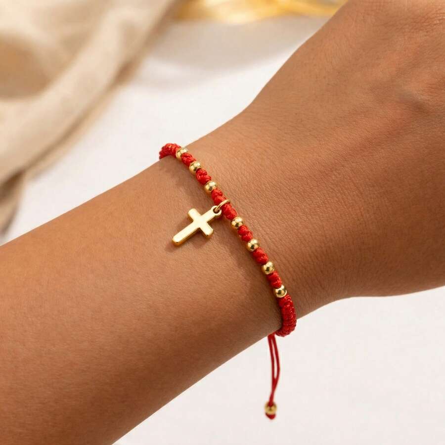 时尚简约十字架吊坠手链，可调节红色编织手链，幸运手链，情侣手链，朋友礼物，生日礼物，姐妹手链，家庭礼物，情人节礼物，圣诞节礼物，基督教礼物，洗礼礼物 - 彩色 - 查看 1