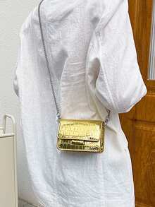 Mini Flap Square Bag Funky Crocodile Embossed Chain PU A New Fashionable Mini Square Bag For Fall And Winter Season, Hardware Bow Decoration, Flap Opening, Metal Double Chain, Small Capacity Lightweight Minimalist Crossbody Bag. Suitable For Women's Daily Life Leisure And Student Use Coin Purse Metallic Mini Crossbody Purse, Evening Clutch Bag With Removable Chain Strap, Small Purse For Women, Not For Phones Silver Mini Crossbody Bag For Women, PU Leather Small Evening Purse, Dressy Clutch Handbag For Nightclub Parties Cyber Monday Holiday Gift Velvet Party New Year Birthday Gifts For Girlfriend, Mother, Wife, And Friends - 金色 - 查看 6