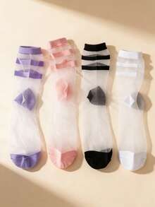 4 pares de calcetines de media pantorrilla de malla transparente a rayas para mujer, calcetines de red transparente a rayas de colores, versátiles y de moda, adecuados para streetwear, estilos Y2K y casuales, calcetines transpirables y transparentes para uso diario en verano - Multicolor - Ver 2