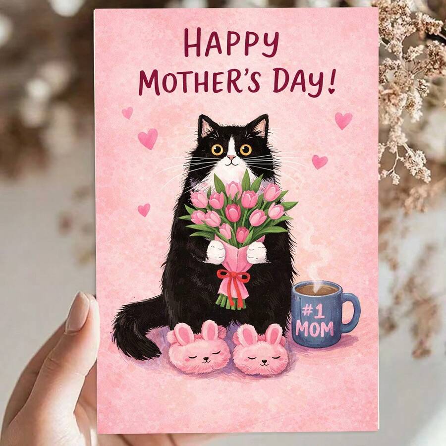 1 Stück herzerwärmende Muttertagskarte, schwarz-weiße Katze hält rosa Tulpen und Kaffee "Für die beste Mama", geeignet als Geschenk für Mütter, heilende Illustration Muttertagskarte im handgezeichneten Stil - Verschiedenfarbig - Übersicht 1