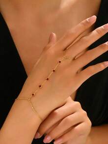 1 pieza Cadena de mano de mujer de acero inoxidable con 5 cuentas de circonita roja, joyería de moda chapada en oro de 18K - Rojo - Ver 2