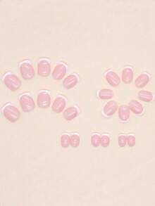 24片甜美粉色短款假指甲，纯白色法式美甲贴片，附赠1瓶果冻胶和1把指甲锉，按压式美甲用品 - 白色 - 查看 3