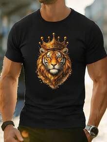 T-Shirt Da Uomo Con Stampa Grafica Tiger Crown, Primavera, Girocollo, Vestibilità Ampia, Casual, Comoda, Stampa Artistica - 黑色 - 查看 1